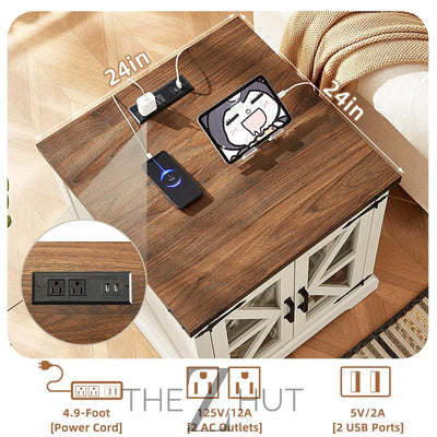 Farmhouse End Table Set of 2 with Charging Station, 24" Large Sofa Side Table with Glass Barn Door, Night Stand with Adjustable Shelf, Wood Nightstand, Square Bed Side Table for Living Room,Bedroom THE Z HUT