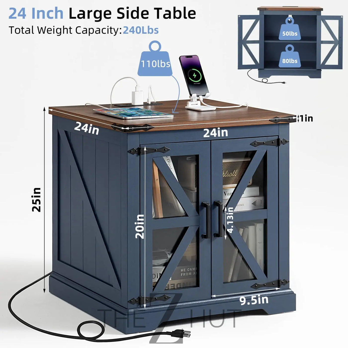 Farmhouse End Table Set of 2 with Charging Station, 24" Large Sofa Side Table with Glass Barn Door, Night Stand with Adjustable Shelf, Wood Nightstand, Square Bed Side Table for Living Room,Bedroom THE Z HUT