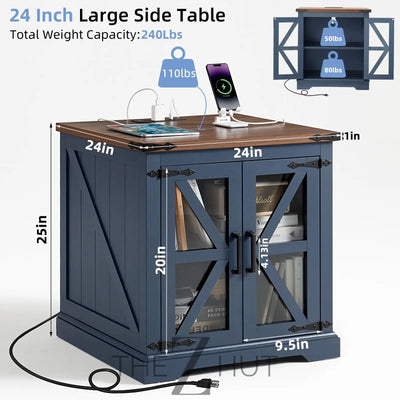 Farmhouse End Table Set of 2 with Charging Station, 24" Large Sofa Side Table with Glass Barn Door, Night Stand with Adjustable Shelf, Wood Nightstand, Square Bed Side Table for Living Room,Bedroom THE Z HUT