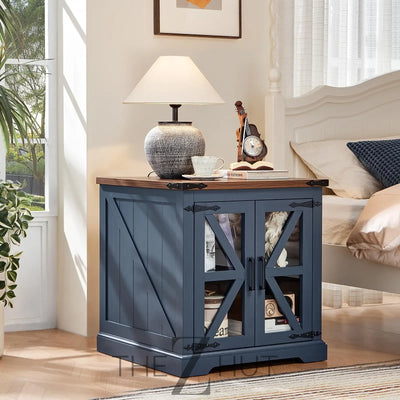 Farmhouse End Table Set of 2 with Charging Station, 24" Large Sofa Side Table with Glass Barn Door, Night Stand with Adjustable Shelf, Wood Nightstand, Square Bed Side Table for Living Room,Bedroom THE Z HUT