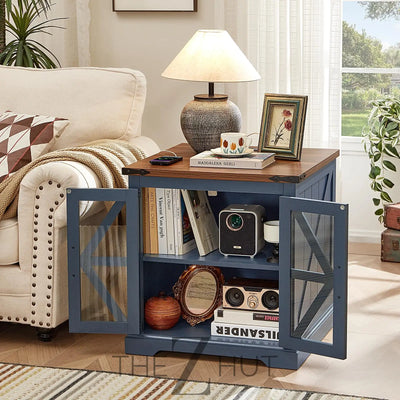 Farmhouse End Table Set of 2 with Charging Station, 24" Large Sofa Side Table with Glass Barn Door, Night Stand with Adjustable Shelf, Wood Nightstand, Square Bed Side Table for Living Room,Bedroom THE Z HUT