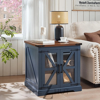 Farmhouse End Table Set of 2 with Charging Station, 24" Large Sofa Side Table with Glass Barn Door, Night Stand with Adjustable Shelf, Wood Nightstand, Square Bed Side Table for Living Room,Bedroom THE Z HUT