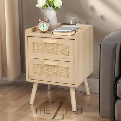 Finnhomy Nightstand, End Table, Side Table with 2 Hand Made Rattan Decorated Drawers, Nightstands Set of 2, Wood Accent Table with Storage for Bedroom, Natural, 2 Pack THE Z HUT