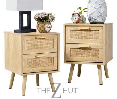 Finnhomy Nightstand, End Table, Side Table with 2 Hand Made Rattan Decorated Drawers, Nightstands Set of 2, Wood Accent Table with Storage for Bedroom, Natural, 2 Pack THE Z HUT