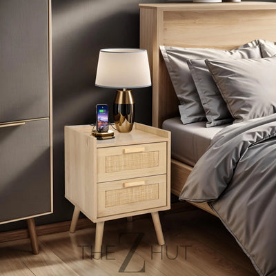 Finnhomy Nightstand, End Table, Side Table with 2 Hand Made Rattan Decorated Drawers, Nightstands Set of 2, Wood Accent Table with Storage for Bedroom, Natural, 2 Pack THE Z HUT