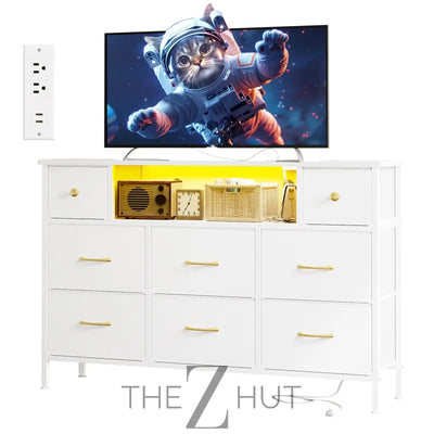Fixwal Dresser for Bedroom with Power Outlets and LED Lights, Black 55" TV Stand with 8 Drawers, Fabric Chest of Drawers with PU Finish for Living Room, Entryway THE Z HUT