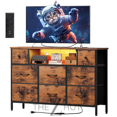 Fixwal Dresser for Bedroom with Power Outlets and LED Lights, Black 55" TV Stand with 8 Drawers, Fabric Chest of Drawers with PU Finish for Living Room, Entryway THE Z HUT