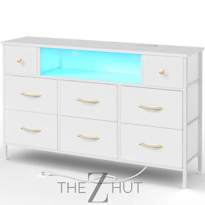 Fixwal Dresser for Bedroom with Power Outlets and LED Lights, Black 55" TV Stand with 8 Drawers, Fabric Chest of Drawers with PU Finish for Living Room, Entryway THE Z HUT