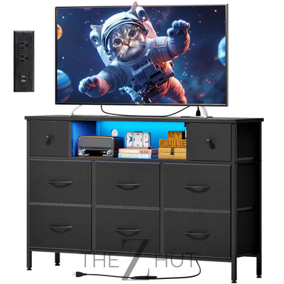 Fixwal Dresser for Bedroom with Power Outlets and LED Lights, Black 55" TV Stand with 8 Drawers, Fabric Chest of Drawers with PU Finish for Living Room, Entryway THE Z HUT
