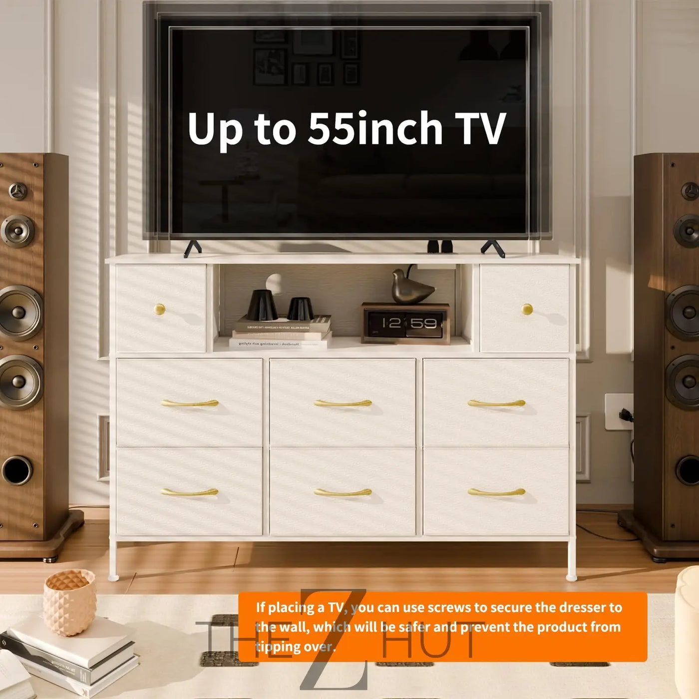 Fixwal Dresser for Bedroom with Power Outlets and LED Lights, Black 55" TV Stand with 8 Drawers, Fabric Chest of Drawers with PU Finish for Living Room, Entryway THE Z HUT