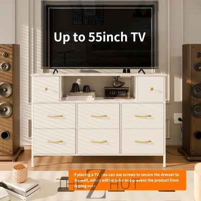 Fixwal Dresser for Bedroom with Power Outlets and LED Lights, Black 55" TV Stand with 8 Drawers, Fabric Chest of Drawers with PU Finish for Living Room, Entryway THE Z HUT