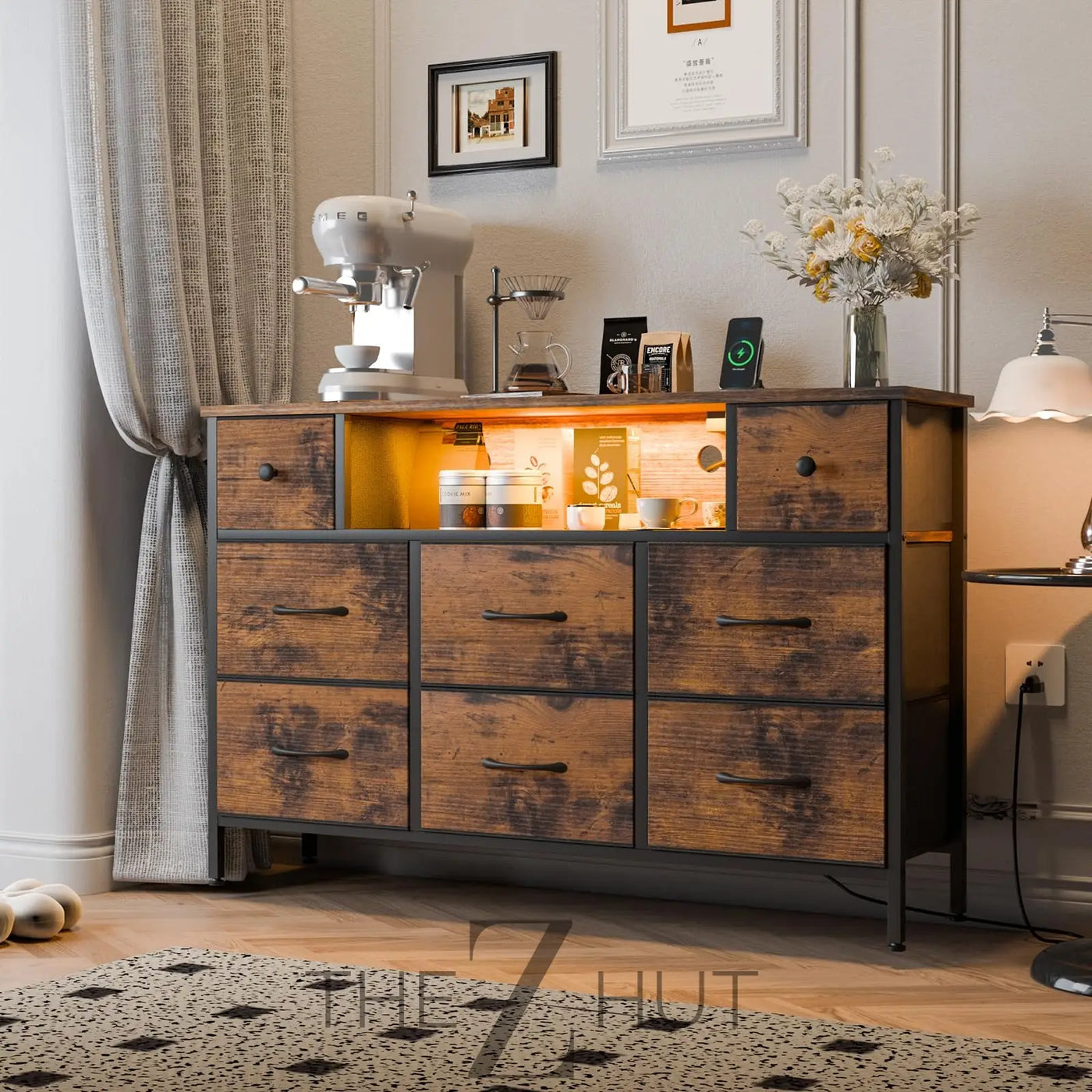 Fixwal Dresser for Bedroom with Power Outlets and LED Lights, Black 55" TV Stand with 8 Drawers, Fabric Chest of Drawers with PU Finish for Living Room, Entryway THE Z HUT
