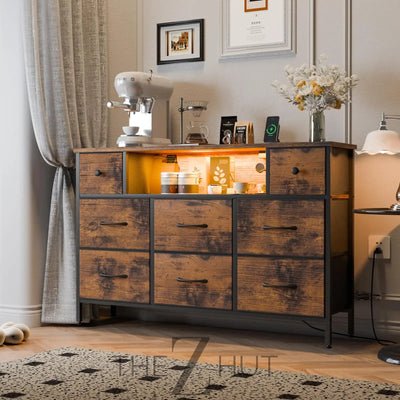 Fixwal Dresser for Bedroom with Power Outlets and LED Lights, Black 55" TV Stand with 8 Drawers, Fabric Chest of Drawers with PU Finish for Living Room, Entryway THE Z HUT