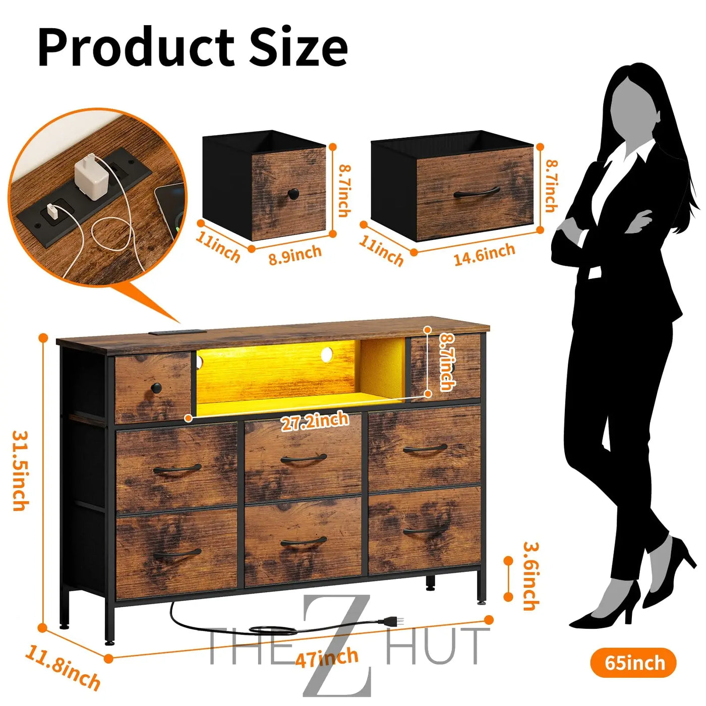 Fixwal Dresser for Bedroom with Power Outlets and LED Lights, Black 55" TV Stand with 8 Drawers, Fabric Chest of Drawers with PU Finish for Living Room, Entryway THE Z HUT