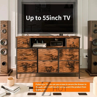 Fixwal Dresser for Bedroom with Power Outlets and LED Lights, Black 55" TV Stand with 8 Drawers, Fabric Chest of Drawers with PU Finish for Living Room, Entryway THE Z HUT