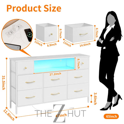 Fixwal Dresser for Bedroom with Power Outlets and LED Lights, Black 55" TV Stand with 8 Drawers, Fabric Chest of Drawers with PU Finish for Living Room, Entryway THE Z HUT
