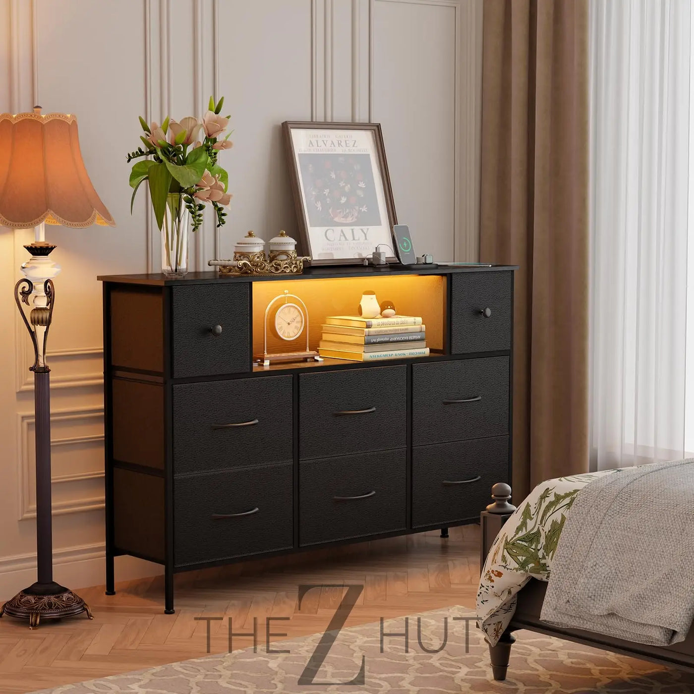 Fixwal Dresser for Bedroom with Power Outlets and LED Lights, Black 55" TV Stand with 8 Drawers, Fabric Chest of Drawers with PU Finish for Living Room, Entryway THE Z HUT