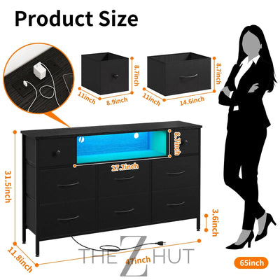 Fixwal Dresser for Bedroom with Power Outlets and LED Lights, Black 55" TV Stand with 8 Drawers, Fabric Chest of Drawers with PU Finish for Living Room, Entryway THE Z HUT
