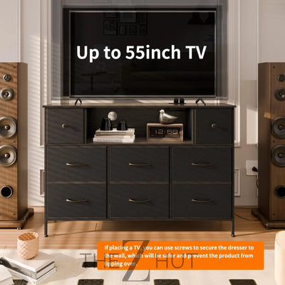 Fixwal Dresser for Bedroom with Power Outlets and LED Lights, Black 55" TV Stand with 8 Drawers, Fabric Chest of Drawers with PU Finish for Living Room, Entryway THE Z HUT