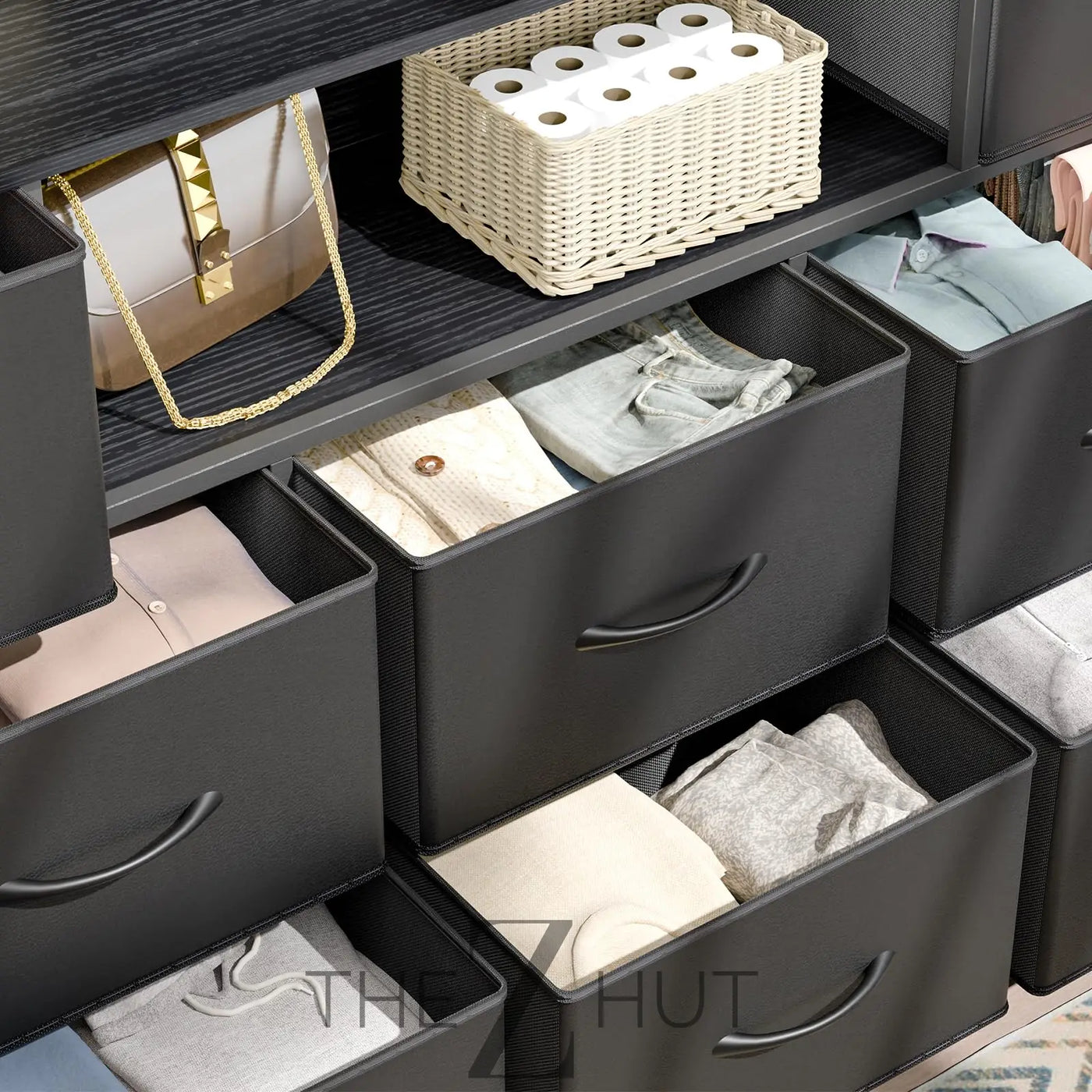 Fixwal Dresser for Bedroom with Power Outlets and LED Lights, Black 55" TV Stand with 8 Drawers, Fabric Chest of Drawers with PU Finish for Living Room, Entryway THE Z HUT