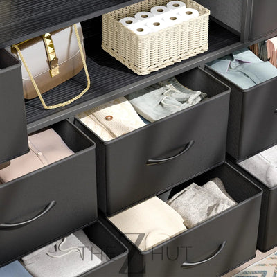 Fixwal Dresser for Bedroom with Power Outlets and LED Lights, Black 55" TV Stand with 8 Drawers, Fabric Chest of Drawers with PU Finish for Living Room, Entryway THE Z HUT