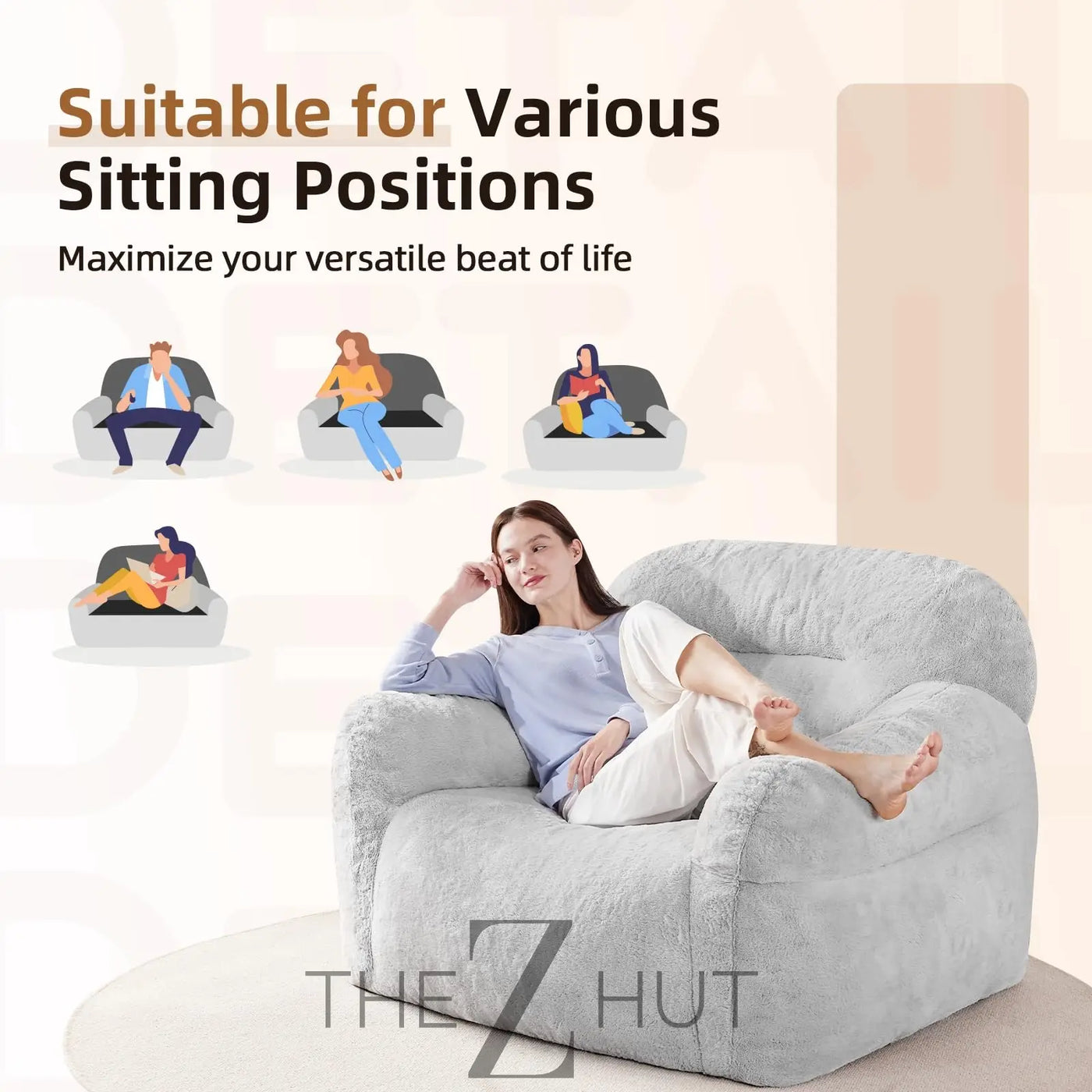 Giant Bean Bag Chair for Adults - Large Bean Bag Couch with Armrests, Bean Bag Sofa Stuffed High-Density Foam, Plush Lazy Sofa Comfy Chair, BeanBag Couch for Bedroom, Living Room (Light Grey) THE Z HUT