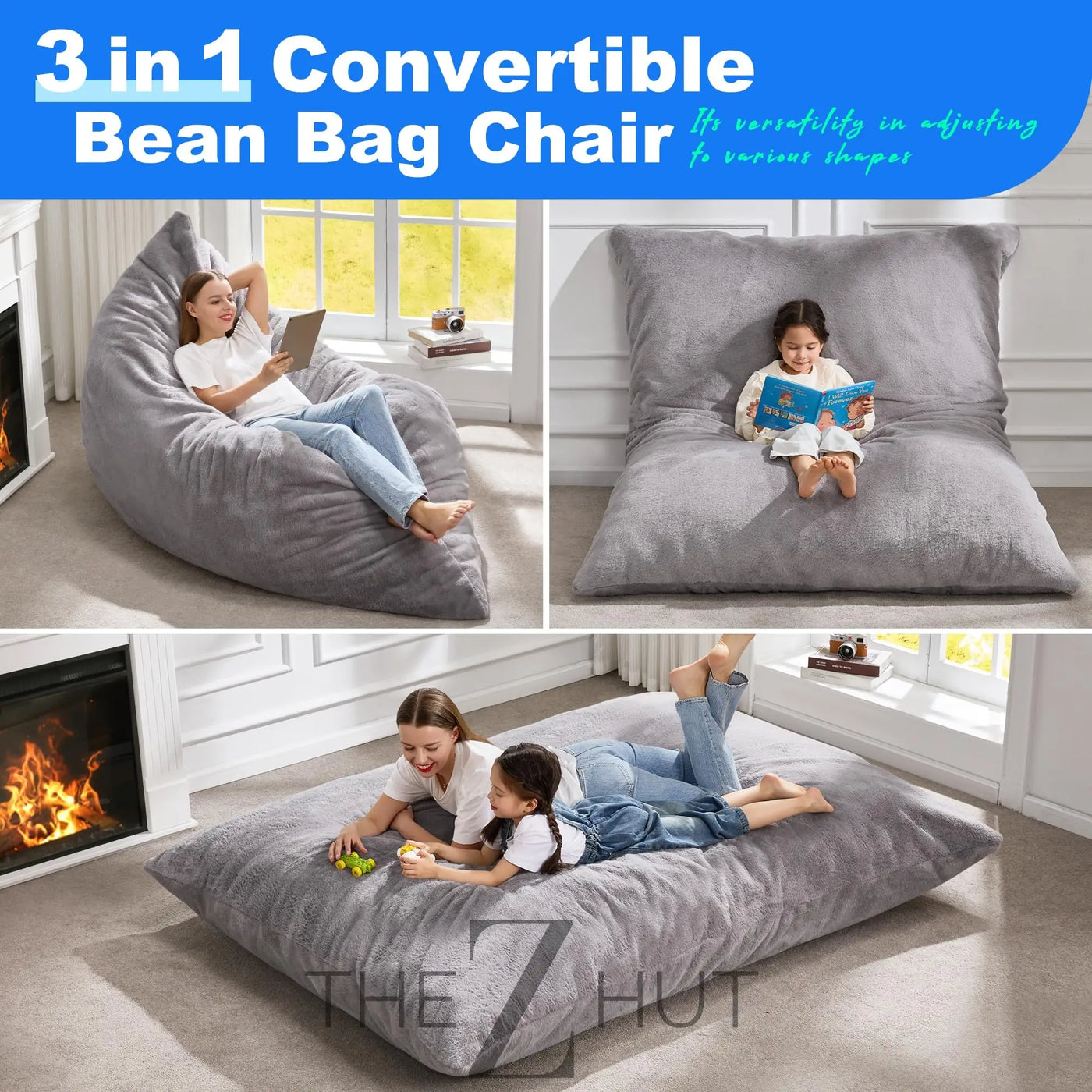 Hobestluk 3 in 1 Bean Bag Chair Giant Bean Bag Chairs Convertible Bean Bag Floor Cushion with Machine Washable Cover, Beanbag Chairs for Adult (Dark Grey) THE Z HUT