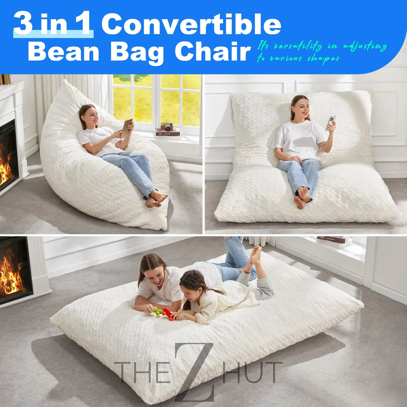 Hobestluk 3 in 1 Bean Bag Chair Giant Bean Bag Chairs Convertible Bean Bag Floor Cushion with Machine Washable Cover, Beanbag Chairs for Adult (Dark Grey) THE Z HUT