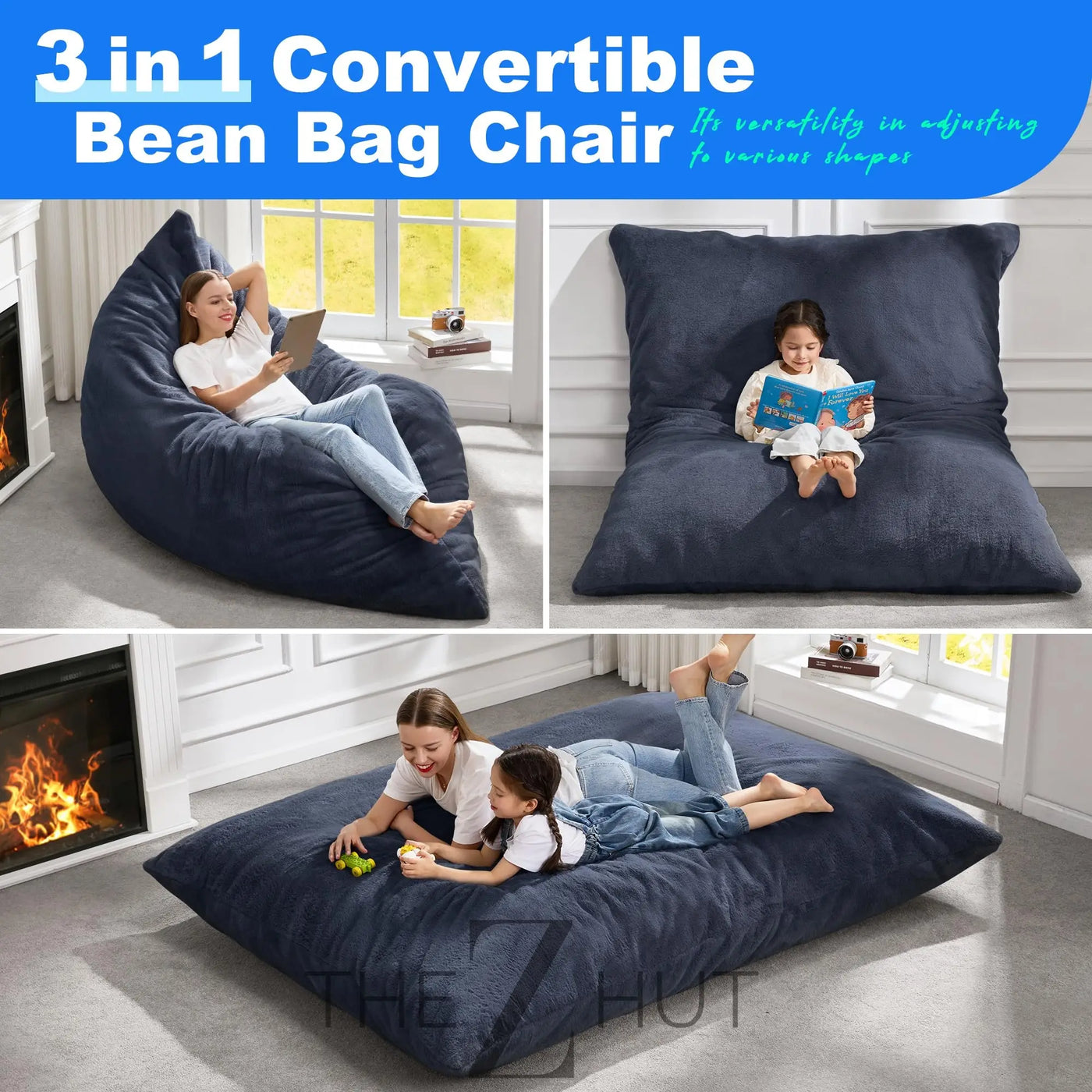 Hobestluk 3 in 1 Bean Bag Chair Giant Bean Bag Chairs Convertible Bean Bag Floor Cushion with Machine Washable Cover, Beanbag Chairs for Adult (Dark Grey) THE Z HUT