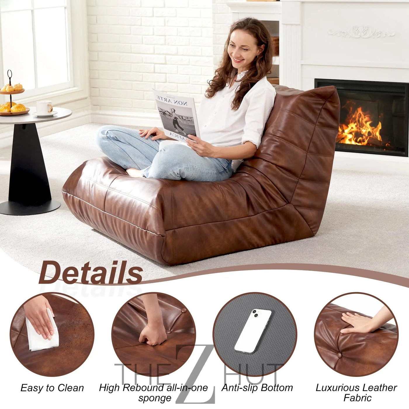 Hobestluk Bean Bag Chair Giant Bean Bag Sofa Memory Foam Bean Bag Chairs for Adults, Bean Bag Couches Faux Leather Bean Bag Chairs for Living Room Bedroom Dorm Office (Brown) THE Z HUT