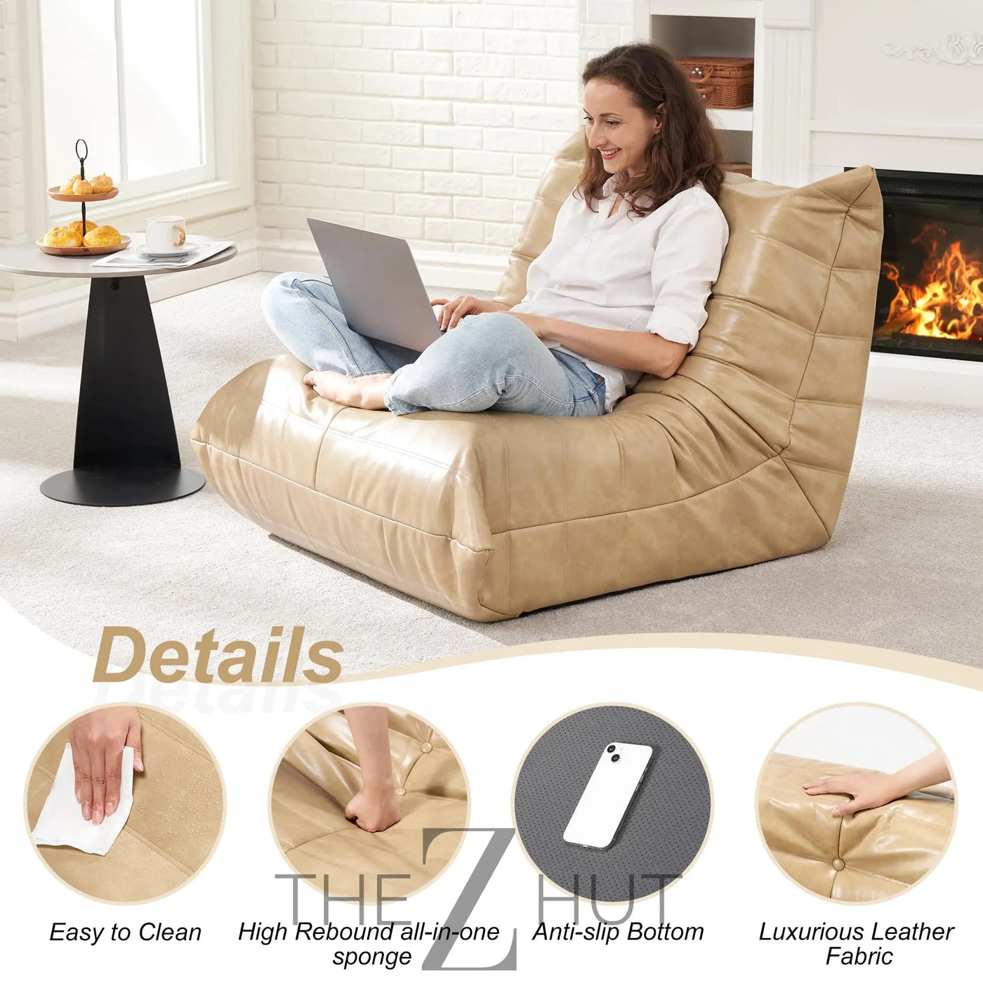 Hobestluk Bean Bag Chair Giant Bean Bag Sofa Memory Foam Bean Bag Chairs for Adults, Bean Bag Couches Faux Leather Bean Bag Chairs for Living Room Bedroom Dorm Office (Brown) THE Z HUT