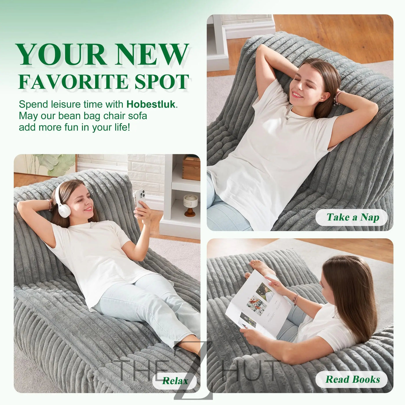 Hobestluk Big Bean Bag Lounger Chairs Large Beanbag Chair for Adults Bean Bag Sofa with Memory Foam Filled for Living Room, Bedroom or Balcony (Grey) THE Z HUT