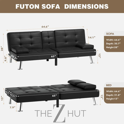 Homall Futon Sofa Bed, Leather Futon Couch with Removable Armrests, Adjustable Recliner Sleeper Sofa Bed with Dual Cup Holders for Living Room, Apartment, Office (Black) THE Z HUT