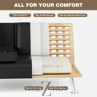 Homall Futon Sofa Bed, Leather Futon Couch with Removable Armrests, Adjustable Recliner Sleeper Sofa Bed with Dual Cup Holders for Living Room, Apartment, Office (Black) THE Z HUT