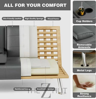 Homall Futon Sofa Bed, Leather Futon Couch with Removable Armrests, Adjustable Recliner Sleeper Sofa Bed with Dual Cup Holders for Living Room, Apartment, Office (Black) THE Z HUT