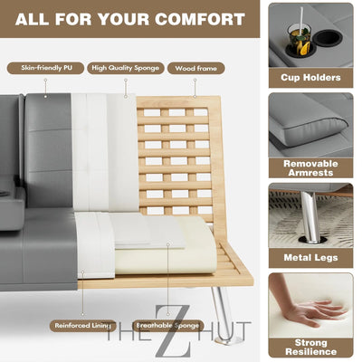 Homall Futon Sofa Bed, Leather Futon Couch with Removable Armrests, Adjustable Recliner Sleeper Sofa Bed with Dual Cup Holders for Living Room, Apartment, Office (Black) THE Z HUT