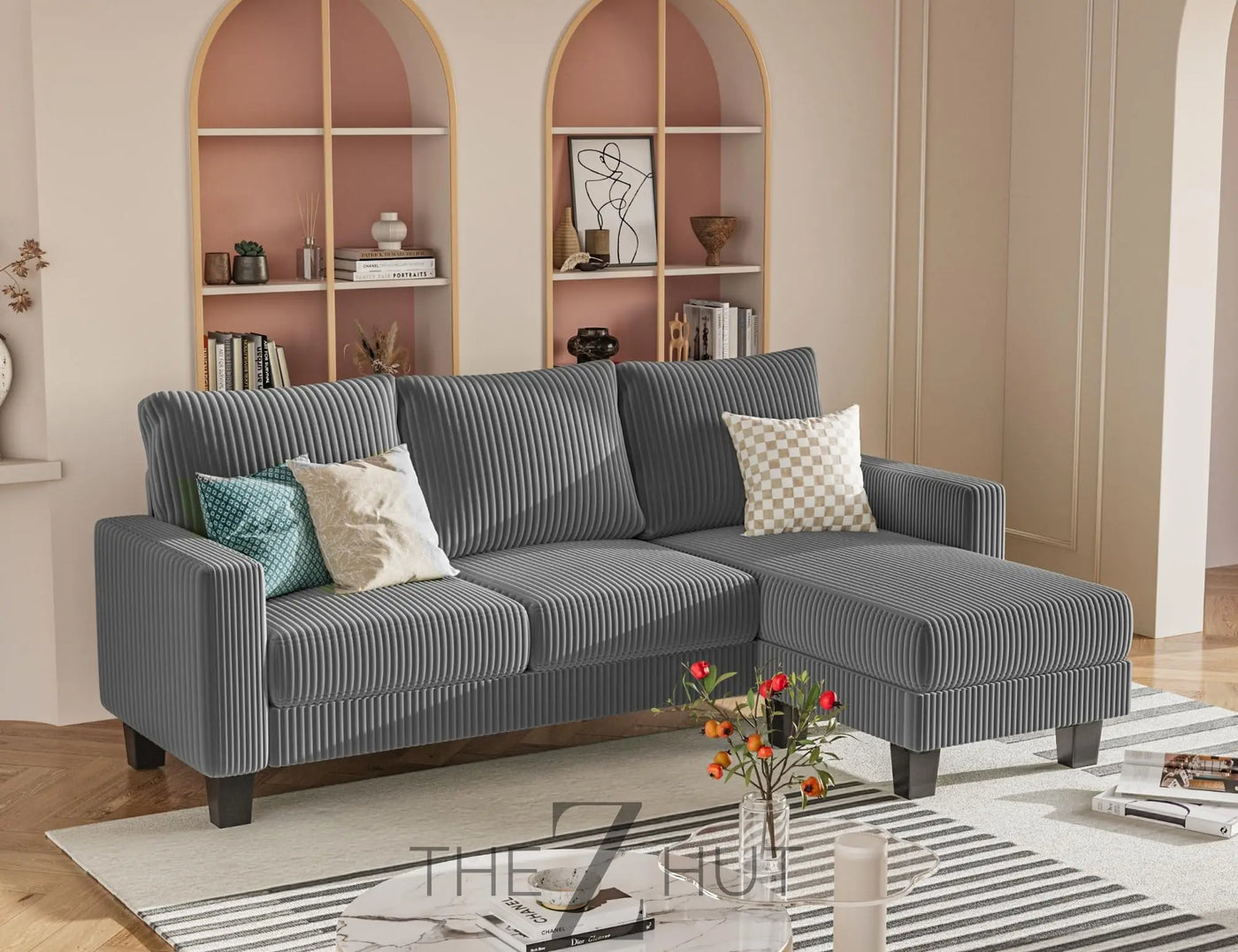 Homall Sofa for Living Room, Couch with Convertible Chaise, 3 Seat L-Shaped Sofas, Comfy Corduroy Couches for Apartment, Small Space, Cream THE Z HUT