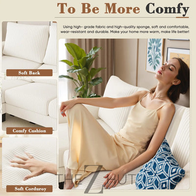 Homall Sofa for Living Room, Couch with Convertible Chaise, 3 Seat L-Shaped Sofas, Comfy Corduroy Couches for Apartment, Small Space, Cream THE Z HUT