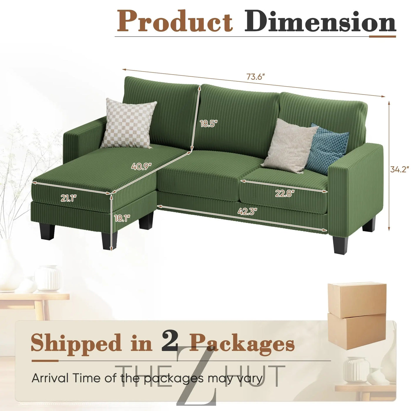 Homall Sofa for Living Room, Couch with Convertible Chaise, 3 Seat L-Shaped Sofas, Comfy Corduroy Couches for Apartment, Small Space, Cream THE Z HUT