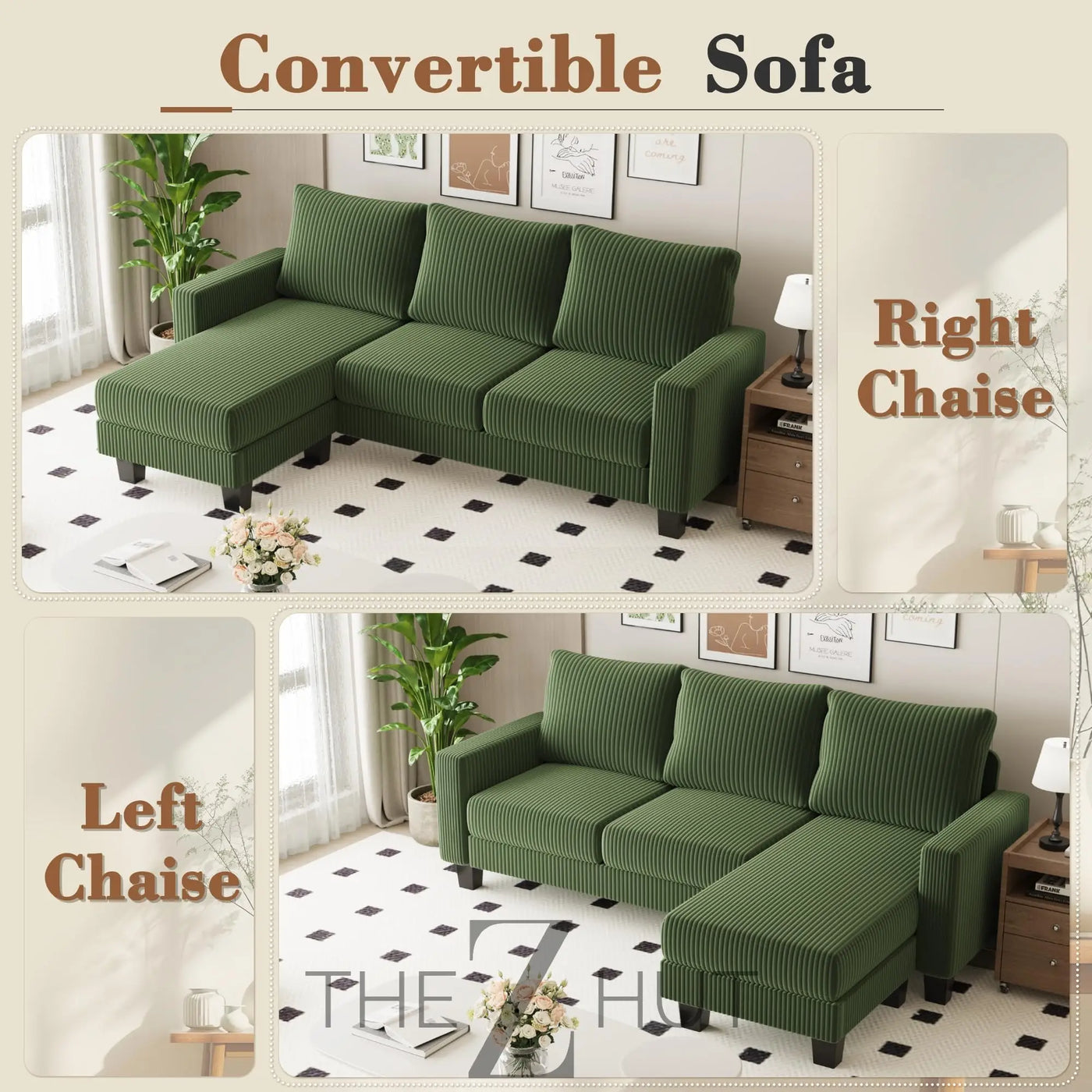 Homall Sofa for Living Room, Couch with Convertible Chaise, 3 Seat L-Shaped Sofas, Comfy Corduroy Couches for Apartment, Small Space, Cream THE Z HUT