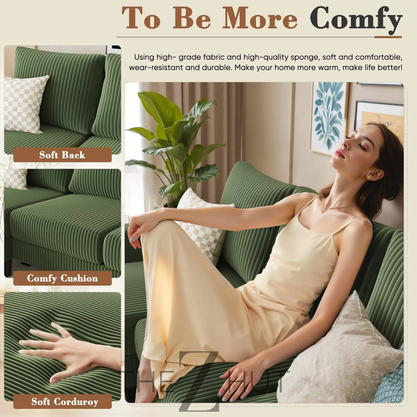 Homall Sofa for Living Room, Couch with Convertible Chaise, 3 Seat L-Shaped Sofas, Comfy Corduroy Couches for Apartment, Small Space, Cream THE Z HUT