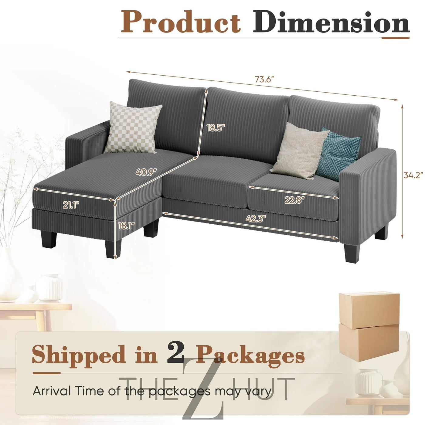 Homall Sofa for Living Room, Couch with Convertible Chaise, 3 Seat L-Shaped Sofas, Comfy Corduroy Couches for Apartment, Small Space, Cream THE Z HUT