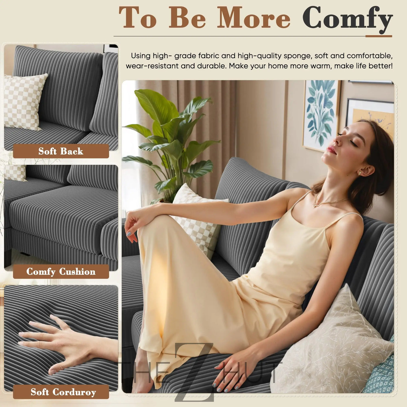 Homall Sofa for Living Room, Couch with Convertible Chaise, 3 Seat L-Shaped Sofas, Comfy Corduroy Couches for Apartment, Small Space, Cream THE Z HUT