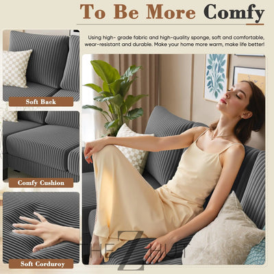 Homall Sofa for Living Room, Couch with Convertible Chaise, 3 Seat L-Shaped Sofas, Comfy Corduroy Couches for Apartment, Small Space, Cream THE Z HUT