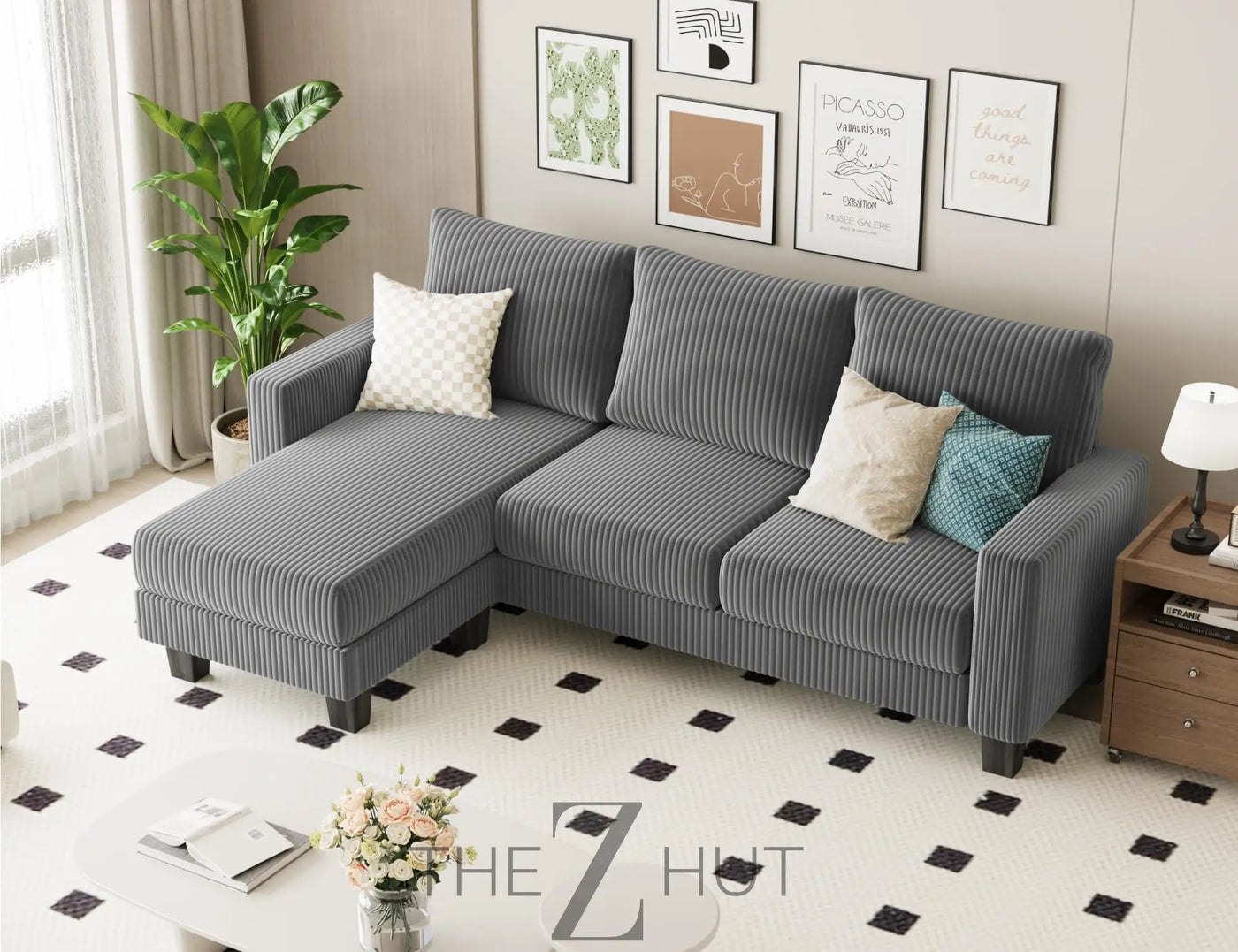 Homall Sofa for Living Room, Couch with Convertible Chaise, 3 Seat L-Shaped Sofas, Comfy Corduroy Couches for Apartment, Small Space, Cream THE Z HUT