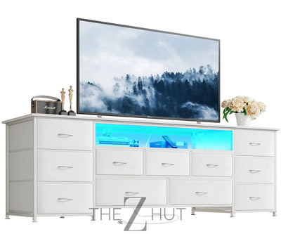 Huuger 63 Inch TV Stand for 65, 70 Inch TV, 11 Drawer Long Dresser with Power Outlets and LED Lights, Entertainment Center with Storage, Black Dresser with PU Leather Surface THE Z HUT
