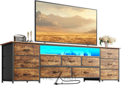 Huuger 63 Inch TV Stand for 65, 70 Inch TV, 11 Drawer Long Dresser with Power Outlets and LED Lights, Entertainment Center with Storage, Black Dresser with PU Leather Surface THE Z HUT