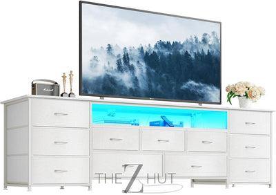 Huuger 63 Inch TV Stand for 65, 70 Inch TV, 11 Drawer Long Dresser with Power Outlets and LED Lights, Entertainment Center with Storage, Black Dresser with PU Leather Surface THE Z HUT