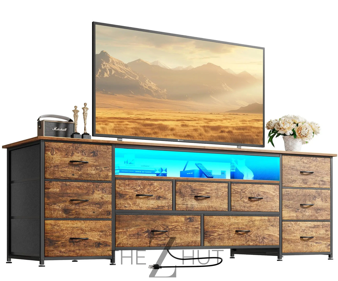 Huuger 63 Inch TV Stand for 65, 70 Inch TV, 11 Drawer Long Dresser with Power Outlets and LED Lights, Entertainment Center with Storage, Black Dresser with PU Leather Surface THE Z HUT