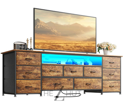 Huuger 63 Inch TV Stand for 65, 70 Inch TV, 11 Drawer Long Dresser with Power Outlets and LED Lights, Entertainment Center with Storage, Black Dresser with PU Leather Surface THE Z HUT